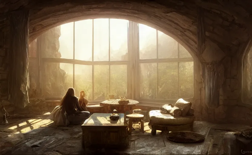 Image similar to painting of an interior of a hidden ring - shaped living quarters overlooking the great room, well maintained, clean, medieval, fantasy genre, natural light, fantasy, natural light, concept art, by greg rutkowski and craig mullins, cozy atmospheric and cinematic lighting, trending on artstation