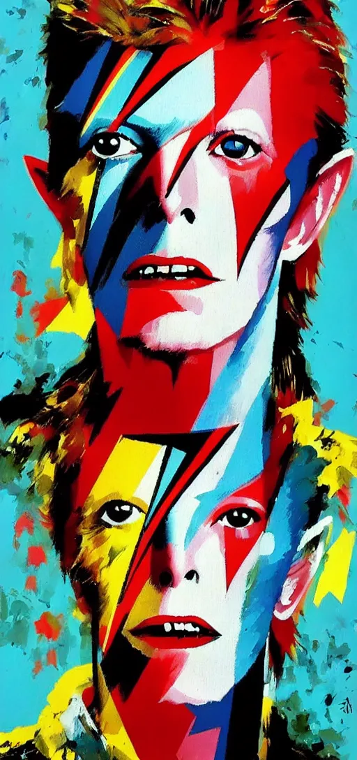 Image similar to David Bowie by Ashley Wood, Yoji Shinkawa, Jamie Hewlett, 60's French movie poster, French Impressionism, vivid colors, palette knife and brush strokes, Dutch tilt