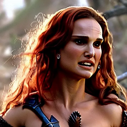 Image similar to natalie portman as red sonja, action scene