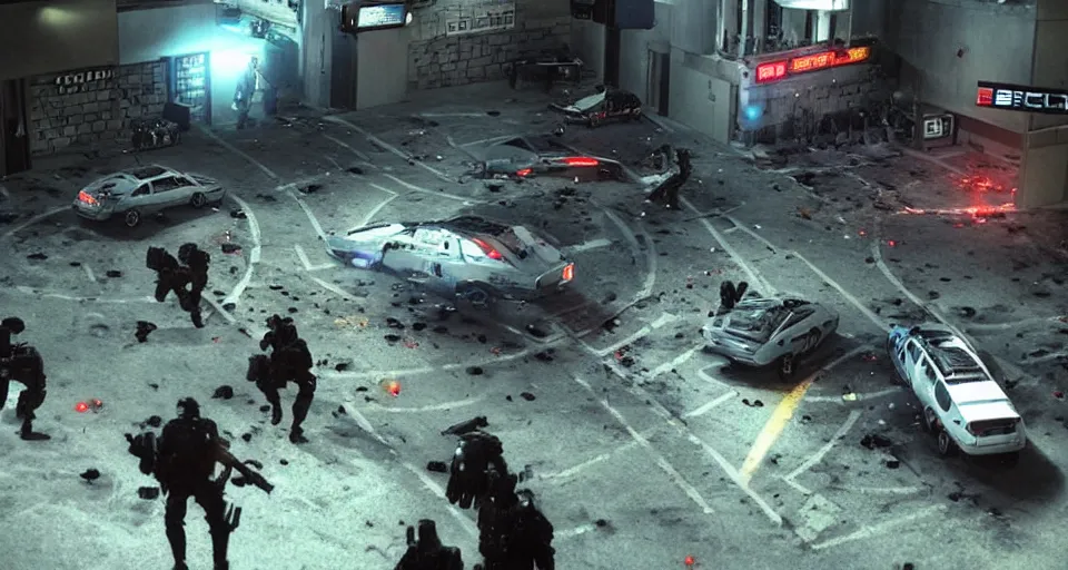 Prompt: 2011 Video Game Screenshot of Neo-tokyo Cyborg bank robbers vs police, Set inside of Parking Garage, Dark, Multiplayer set-piece Ambush, Tactical Squads :10, Police officers under heavy fire, Suppressive fire, Pinned down, Destructible Environments, Gunshots, Headshot, Bullet Holes and Anime Blood Splatter, :10 Gas Grenades, Riot Shields, MP5, AK45, MP7, P90, Chaos, Anime Machine Gun Fire, Gunplay, Shootout, :14 FLCL + Akira Cel-Shaded:17, Created by Katsuhiro Otomo + Arc System Works + miHoYo: 20