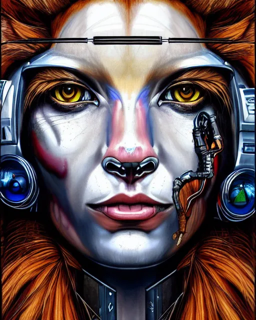 Image similar to a portrait of an anthropomorphic cyberpunk lioness by sandra chevrier, by jon foster, detailed render, tape deck, epic composition, cybernetics, 4 k realistic, cryengine, realistic shaded lighting, sharp focus, masterpiece, by enki bilal