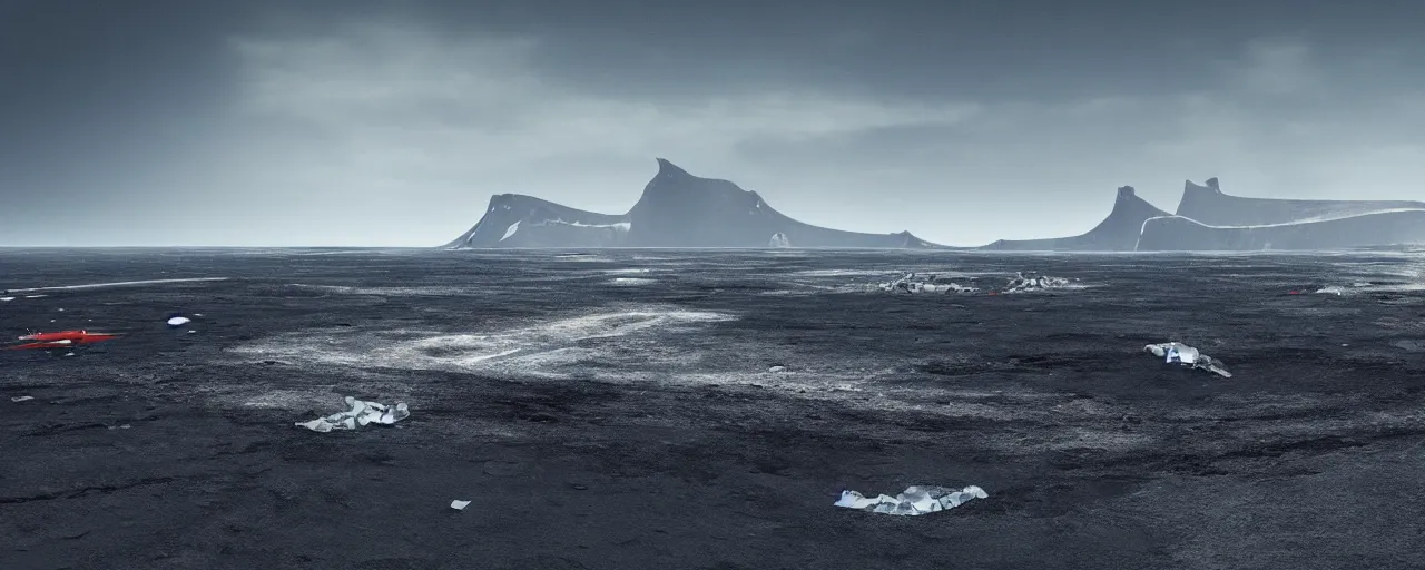 Prompt: matte painting of military spacecraft crashing into an endless black sand beach in iceland with icebergs in the distance, trending on artstation, octane render, hd, 8 k