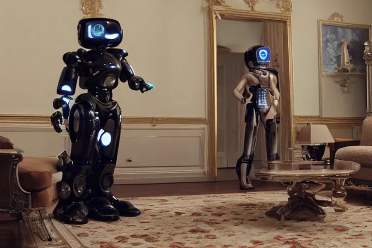 Image similar to VFX movie portrait of happy old woman stand-off with futuristic robot in a decadent living room by Emmanuel Lubezki