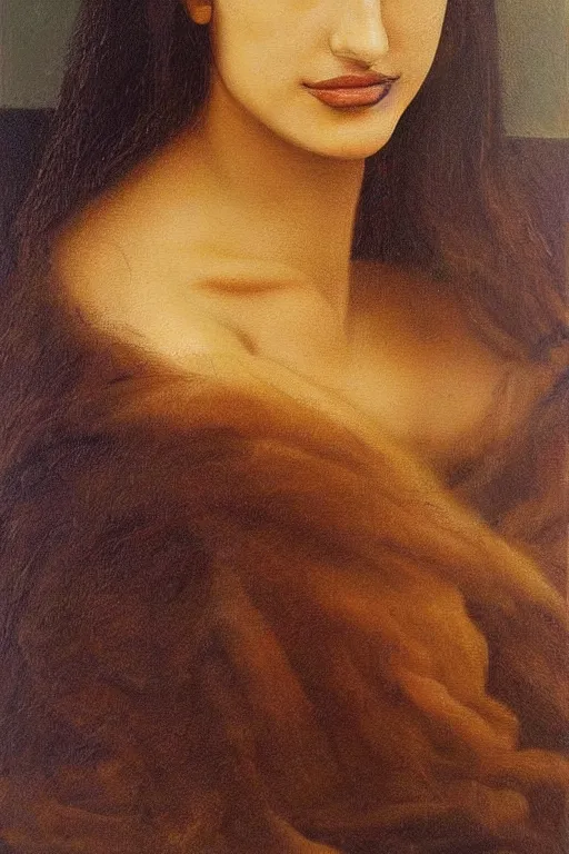 Image similar to oil painting, portrait of penelope cruz, artwork by leonardo da vinci