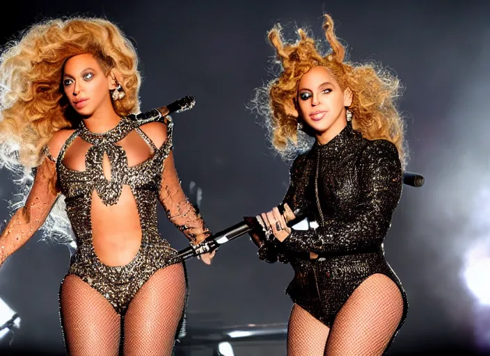 Prompt: beyonce and lady gaga perform together at a concert, ( eos 5 ds r, iso 1 0 0, f / 8, 1 / 1 2 5, 8 4 mm, postprocessed, crisp face, facial features )