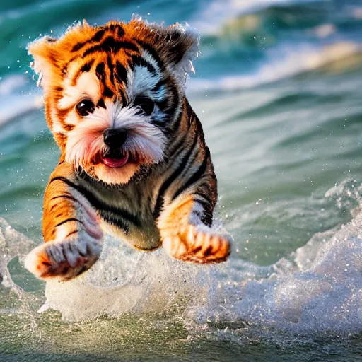 Image similar to a closeup photorealistic photograph of a cute smiling tiger bichon puppy splashing in the surf during sunset. professional capture, well lit shot. this 4 k hd image is trending on artstation, featured on behance, well - rendered, extra crisp, features intricate detail, epic composition and the style of unreal engine.