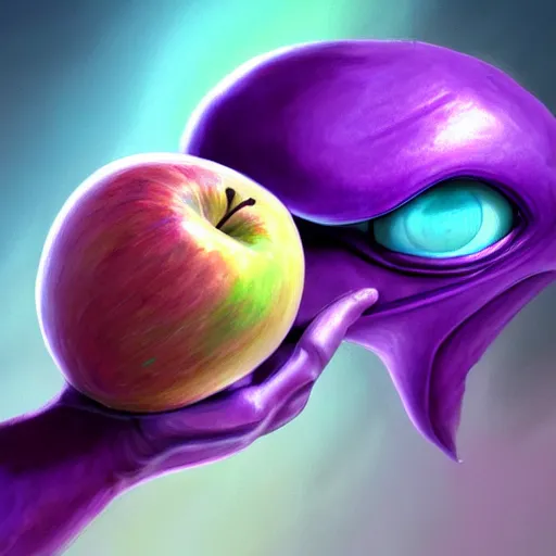 Image similar to a purple alien materializing an apple, digital painting, ultradetailed, artstation, oil painting, ultradetailed, artstation