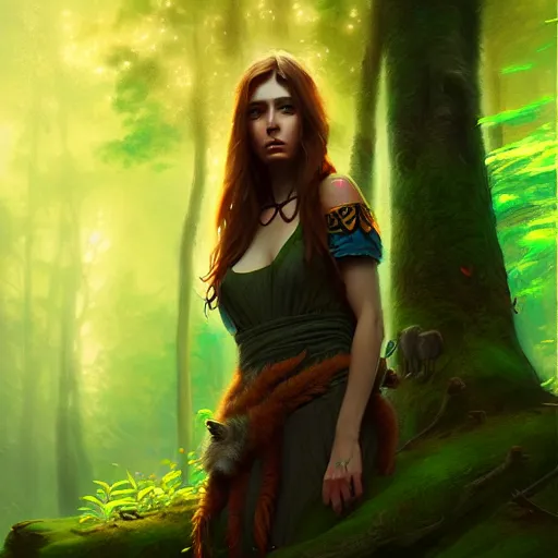 Image similar to a pretty female druid surrounded by forest animals, digital painting, photorealistic, in the style of greg rutkowski, highly detailed, realistic