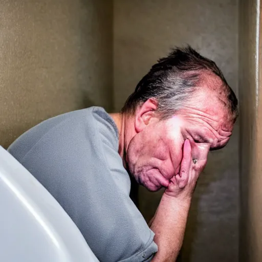 Prompt: a disheveled Trump crying profusely in prison clothing sitting on a toilet in jail. wide angle. The floor is grimy. candid photograph.