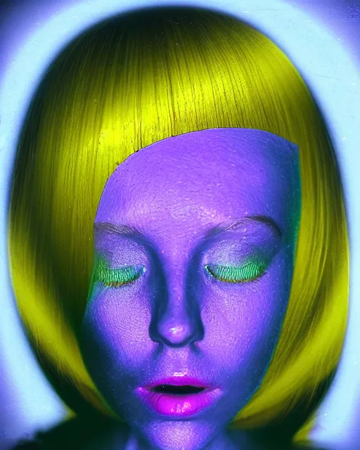 Image similar to cut and paste, featureless surprised robotic woman's face, metallic bob hair, dark makeup, violet and yellow and green and blue lighting, polaroid photo, 1 9 8 0 s cgi, atmospheric, whimsical and psychedelic, grainy, expired film, super glitched, corrupted file, ghostly, bioluminescent glow, sci - fi, twisty