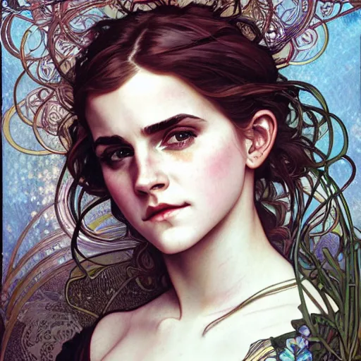 Prompt: realistic detailed portrait of a fully clothed yyoung emma watson by alphonse mucha, charlie bowater, art nouveau cyberpunk! style, mechanical accents!, flowing wires with leaves, rich deep moody colors