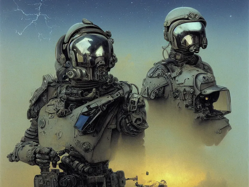 Image similar to a detailed portrait painting of a bounty hunter pilot in combat armour and visor. Smoke. cinematic sci-fi poster. Flight suit, accurate anatomy portrait symmetrical and science fiction theme with lightning, aurora lighting clouds and stars. Futurism by beksinski carl spitzweg moebius and tuomas korpi. baroque elements. baroque element. intricate artwork by caravaggio. Oil painting. Trending on artstation. 8k