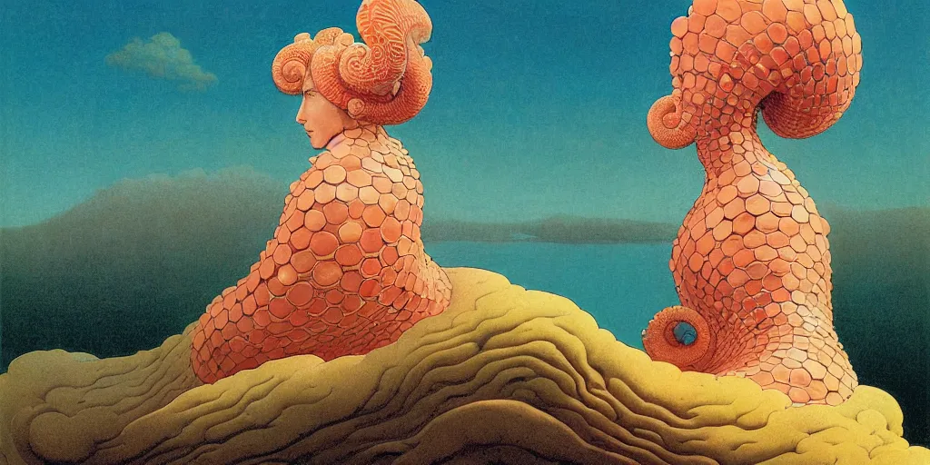 Image similar to portrait of the ammonite sorceress clad in coral armor exacts revenge, by kawase hasui, dorothea tanning, moebius, edward hopper and james gilleard, aivazovsky, zdzislaw beksinski, steven outram colorful flat surreal design