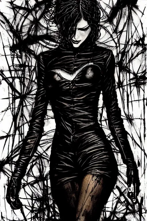 Image similar to dreamy gothic girl, black leather slim clothes, attractive and amazing, beautiful woman body, detailed acrylic, grunge, intricate complexity, by dan mumford and by alberto giacometti, peter lindbergh