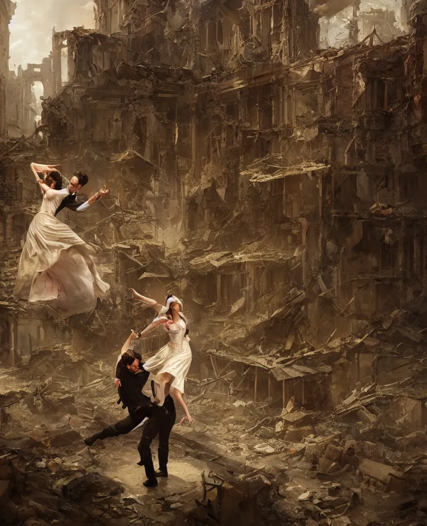 Prompt: concept art of one couple dancing in the middle of ruins of a victorian city by j. c. leyendecker, wlop, ruins, dramatic, octane render, epic painting, extremely detailed