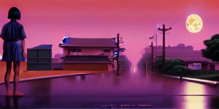 Image similar to an immaculate isometric cinematic keyframe matte painting of the silhouette of a young japanese girl standing in wide wet street 1 9 7 0 s vaporwave rust belt city at dusk with an oversized moon, just after the rain has cleared. by eric lafforgue, glennray tutor and edward hopper, greg rutkowski. trending on artstation.