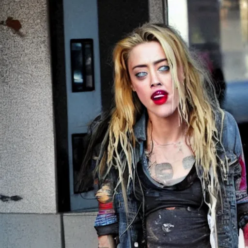 Image similar to a cracked out amber heard on hollywood boulevard, homeless, tattered clothes