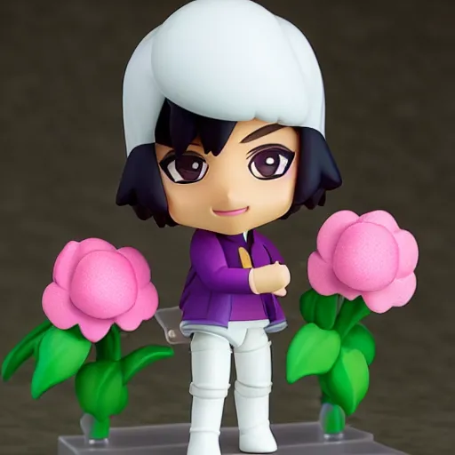 Prompt: prince ( musician ) as nendoroid among big burple flowers, kodak film