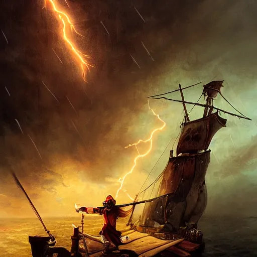 Prompt: a pirate with two wooden legs and two hook hands steering a wooden brigantine through a rain and lightning storm. first person deckhand pov, detailed dynamic light painting by peter mohrbacher