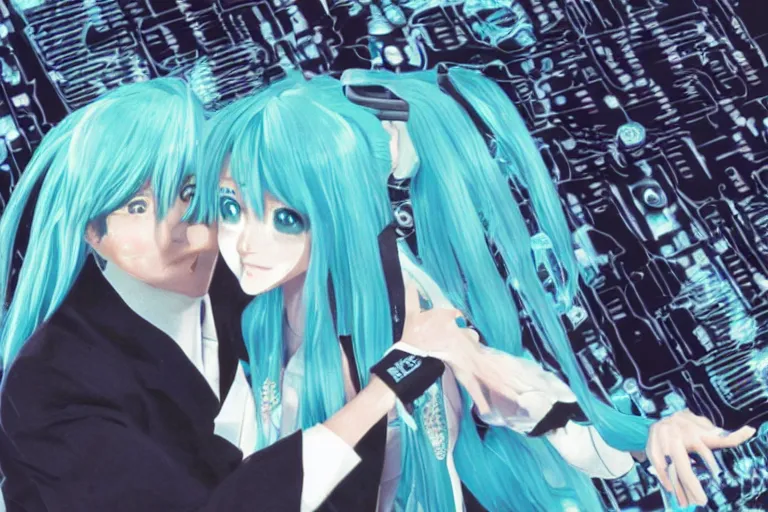 Prompt: fractal hatsune miku and joe biden, romance novel cover, cookbook photo, in 1 9 9 5, y 2 k cybercore, industrial photography, still from a ridley scott movie