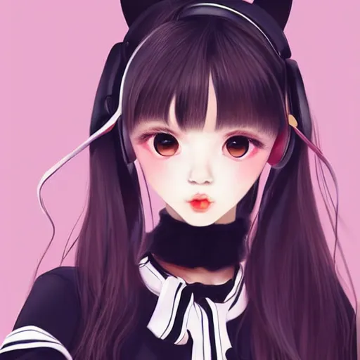 Image similar to realistic beautiful gorgeous natural cute Blackpink Lalisa Manoban black hair fur black cat ears, wearing white camisole summer outfit, headphones, black leather choker artwork drawn full HD 4K highest quality in artstyle by professional artists WLOP, Aztodio, Taejune Kim, Guweiz on Pixiv Instagram Artstation