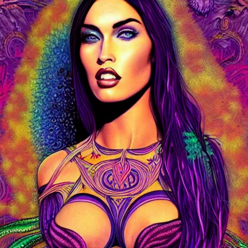 Image similar to an extremely psychedelic portrait of megan fox as lilith, surreal, lsd, face, detailed, intricate, elegant, lithe, highly detailed, digital oth, sharp focus, illustration,