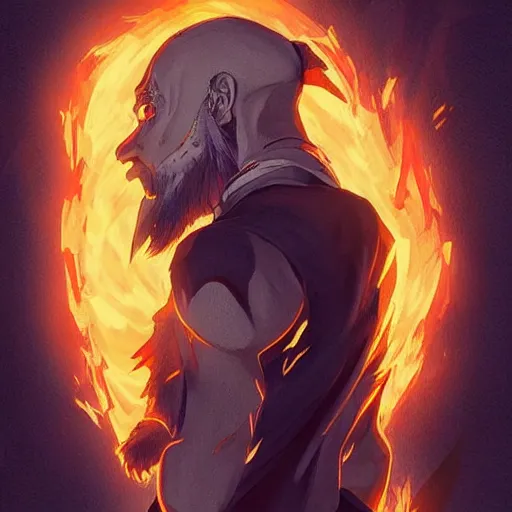 Prompt: full body anime style human with a beard out of fire, in dragon form, bald. fantasy style. very punk / alt aesthetic. wings and tail, a highly detailed, digital painting, artstation, concept art, matte, sharp focus, illustration, art by artgerm and greg rutkowski