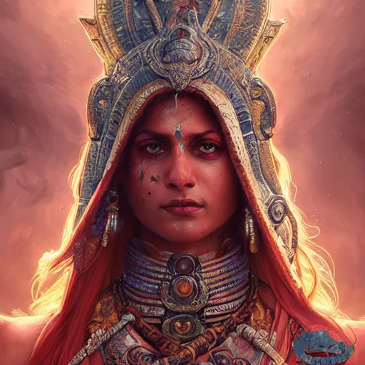 Image similar to wide portrait painting of a bloodied warrior in mahabharata goddess, ultra realistic, concept art, intricate details, eerie, highly detailed, photorealistic, octane render, 8 k, unreal engine. art by artgerm and greg rutkowski and alphonse mucha