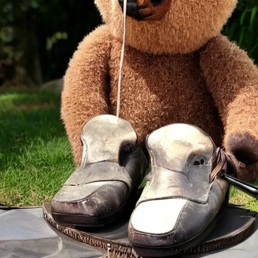 Prompt: Teddybear is standing with brush in his hand, sweating a lot while polishing shoes, the bear also hold the shoe, looking at the shoe