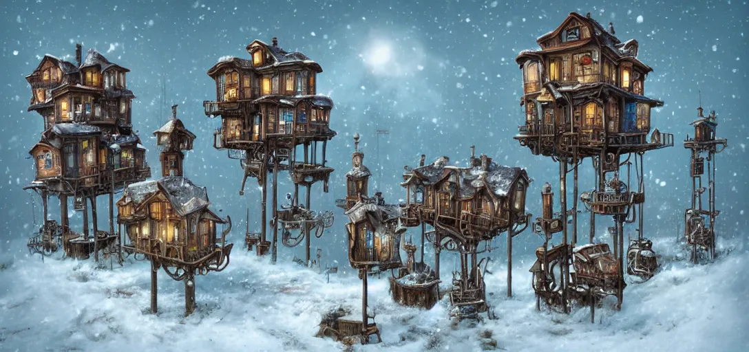 Image similar to a steampunk village on tall stilts in a snowy field, blizzard, by Naoto Hattori,