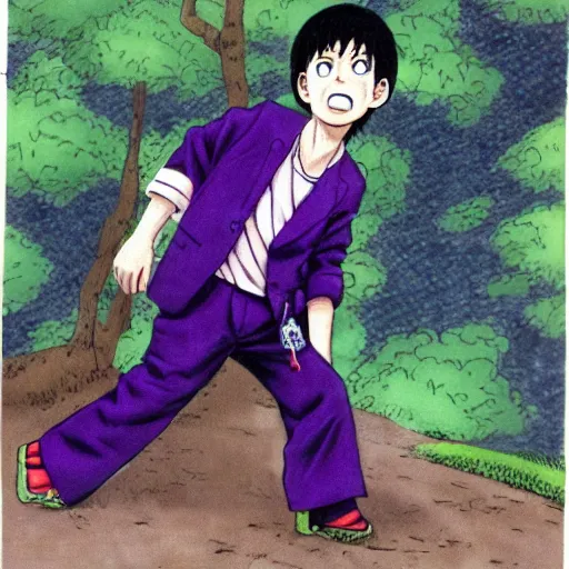 Image similar to pale little boy wearing a purple suit, artwork by eiichiro oda