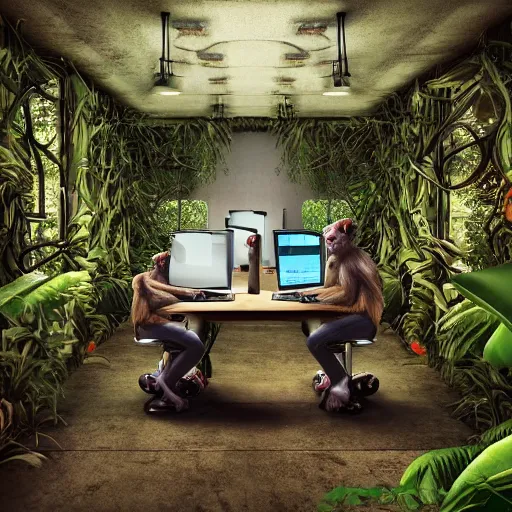 Prompt: Two genius monkeys programming computers in a lushy jungle-like room, digital art octane render