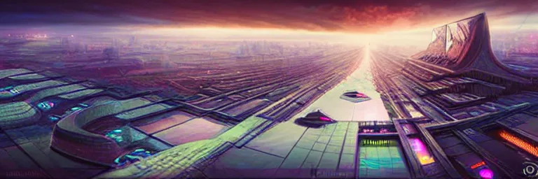 Image similar to a sprawling cybernetic temple, a large hi - tech city, and a river surrounded by fractal mountains, volumetric clouds, cybernetic faces, vaporwave aesthetic, colorful, psychedelic, digital painting, artstation, concept art, smooth, sharp focus, illustration, art by artgerm and greg rutkowski and alphonse mucha