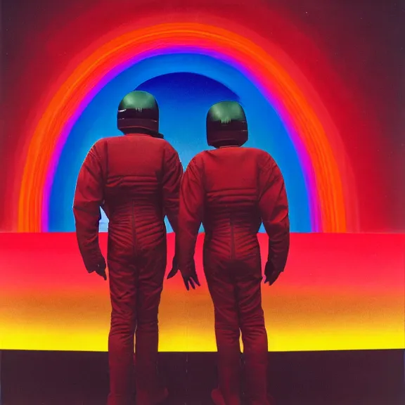 Prompt: two time pilots wearing red rick owens pilot suits inside the glowing geometric rainbow portal to the sixth dimension by frank frazetta