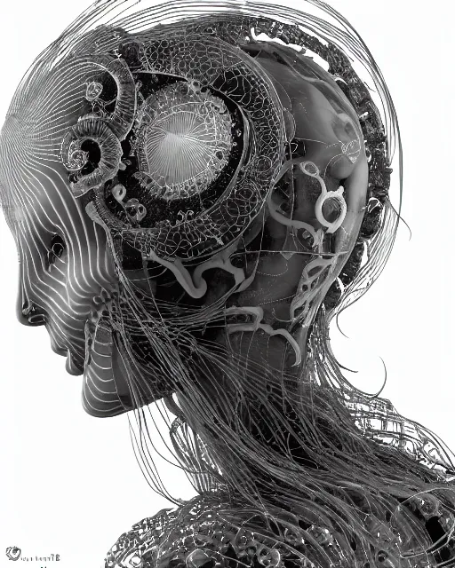 Image similar to mythical dreamy black and white organic bio - mechanical spinal ribbed profile face portrait detail of translucent steampunk beautiful intricate monochrome angelic - human - queen - vegetal - cyborg, highly detailed, intricate translucent jellyfish ornate, poetic, translucent microchip ornate, 3 d render, digital art, octane render, 8 k artistic lithography