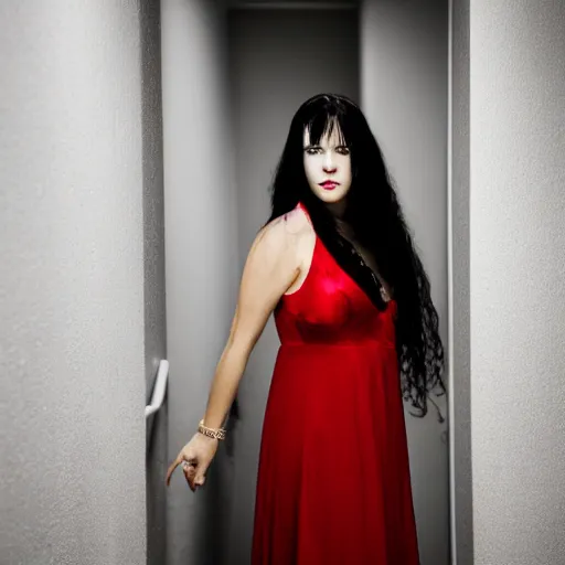 Image similar to portrait of a woman with long black hair and red eyes standing in a dark hallway, wearing a red dress, 8k, photography, professional, detailed face, beautiful, cinematic lighting, film, high quality, depth of field, dark colors,