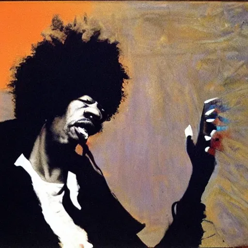 Prompt: Jimy Hendrix playing by Francis Bacon