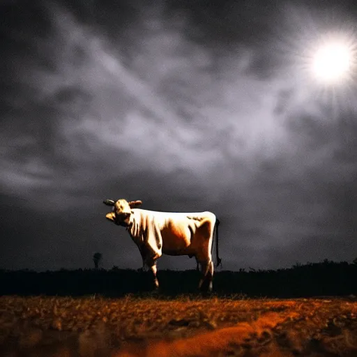 Image similar to a cow flying at night, flashlight, creepy, cinematic dramatic atmosphere, smooth, sharp focus, cinematic shot, movie scene, horror movie