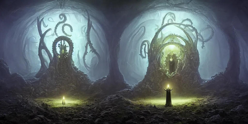 Image similar to ! dream 4 k photorealistic matte painting photography of circle group of necromancer priest in an invoking ritual in front of a viscosity cthulhu within a lovecraft portal, wide - angle portrait, atmospheric lighting, rich deep colors masterpiece, fractal crystals, fantasy portrait by tom bagshaw