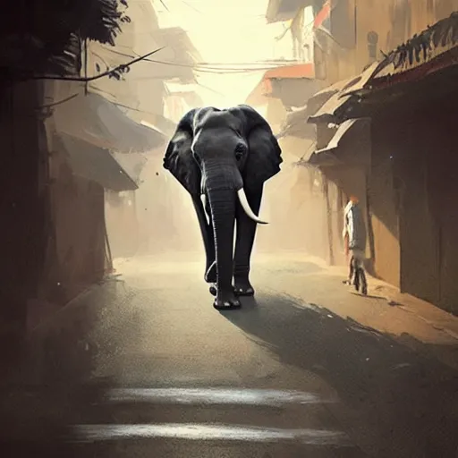 Image similar to An elephant walking down a street in Guwahati city. By Greg Rutkowski, trending on ArtStation