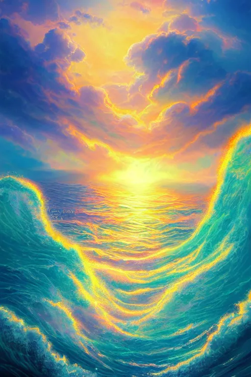 Prompt: A beautiful digital illustration painting of an ocean and sky fantasy by Blair Leighton and Lisa Frank, 8k resolution trending on Artstation concept art digital illustration