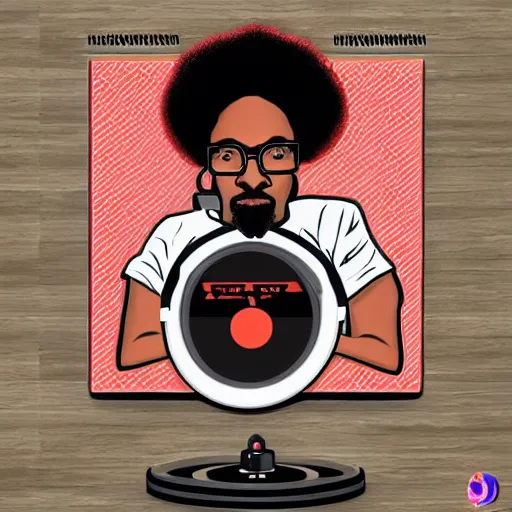 Image similar to svg sticker of a Dancing-Ben-Harper-Snoop-Spike-Lee-with-a-large-Afro-Puff, at a rave, spinning records, giant headphones rocking out, wearing headphones, huge speakers, dancing, rave, DJ, spinning records, digital art, amazing composition, rule-of-thirds, award-winning, trending on artstation, featured on deviantart