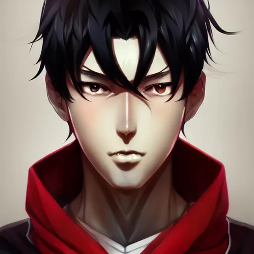 Image similar to anime portrait of a slick black hair guy with red eyes by stanley artgerm lau, wlop, rossdraws, james jean, andrei riabovitchev, marc simonetti, and sakimichan, trending on artstation