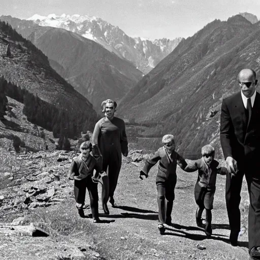 Prompt: jason statham walking on the mountainside with children in the sound of music 1 9 6 5