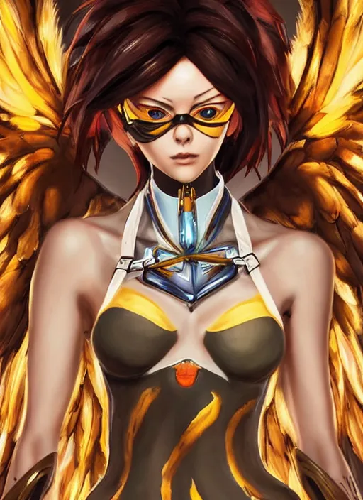 Image similar to full body oil painting of tracer overwatch in the style of mark brooks, angel wings, dramatic painting, symmetrical composition, silky garment, high detail, gold detailed choker, angelic, lights, flowers, heavenly, bright, detailed face,