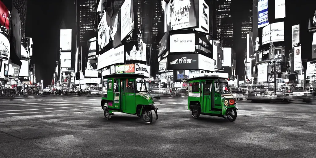 Prompt: a green tuk tuk in Times Square at night, moody, dramatic lighting, cinematic, matte painting, concept art, 4k