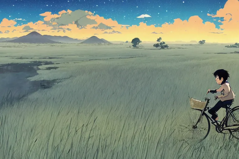 Image similar to a boy riding his bike alone through the plains of rural japan, high intricate details, rule of thirds, golden ratio, cinematic light, anime style, graphic novel by fiona staples and dustin nguyen, by beaststars and orange, peter elson, alan bean, studio ghibli, makoto shinkai