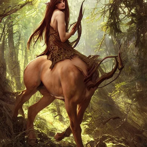 Image similar to d & d portrait centaur trapped in woods, desperate, sharp focus, intricate, smooth, ultra realistic digital art, high fantasy, elegant, by artgerm, greg rutkowski, alphonse mucha