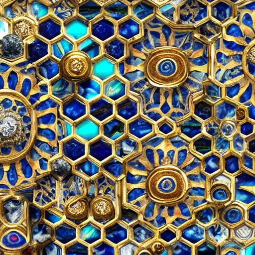 Prompt: an psychedelic intricately carved marble set with gold flourishes and diamonds of various colors in the form of hexagons against a blue ornate background