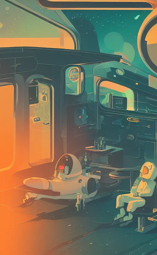 Prompt: spaceship in a gas station in space, sharp focus, james gilleard, sci - fi, print, risograph, cinematic, game art